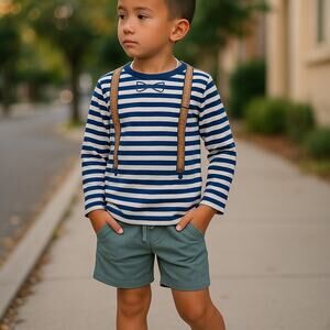 FabKids Boys Shirt Sz 3 XS Blue White Suspenders Bow Tie Stripes Long Sleeve
